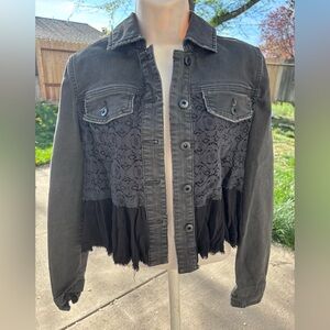 Free People Womens Black Lace-Panel Denim Jacket